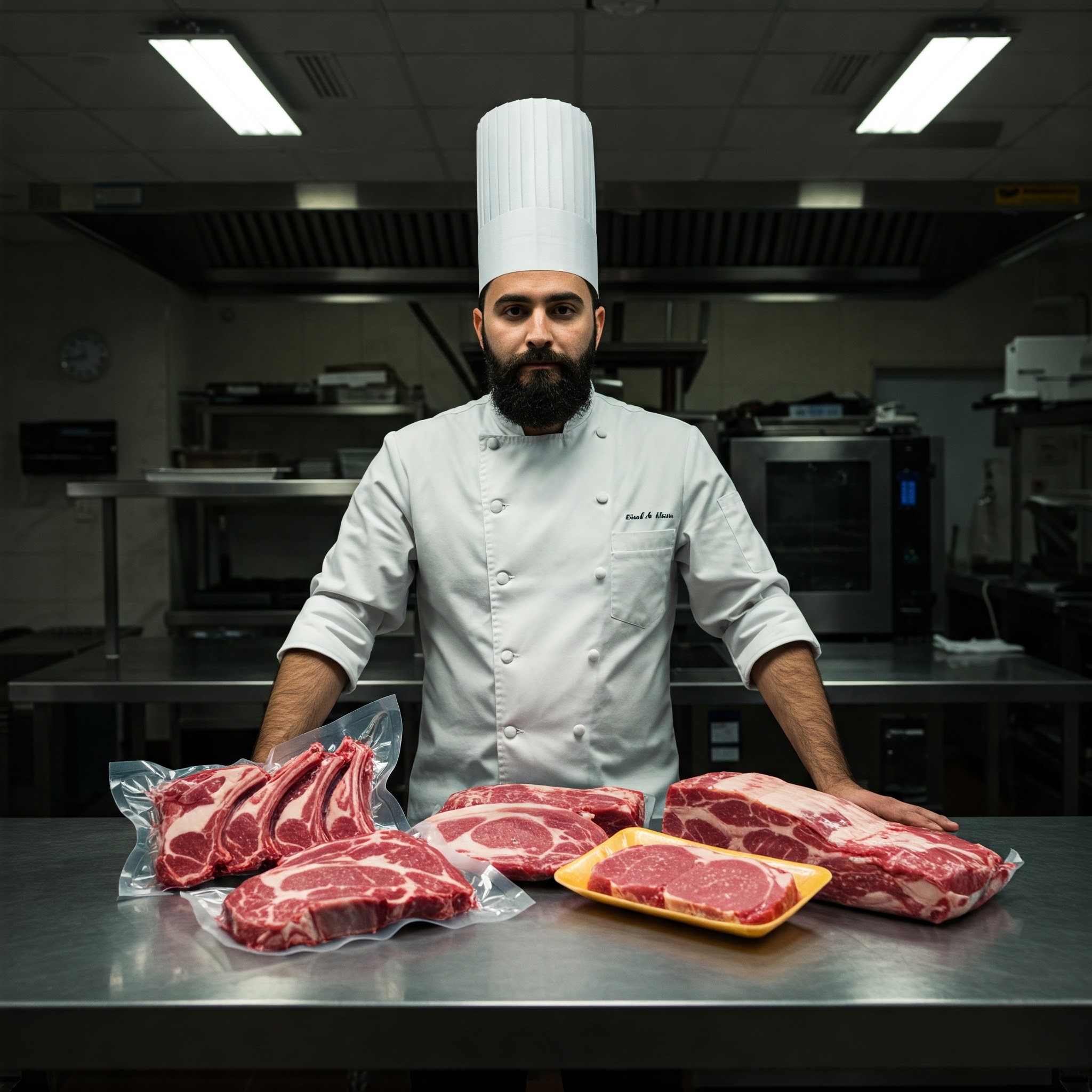 Sous vide gép használata előtt kikészitve vannak a vákuumcsomagolt húsok a rozsdamentes asztalon