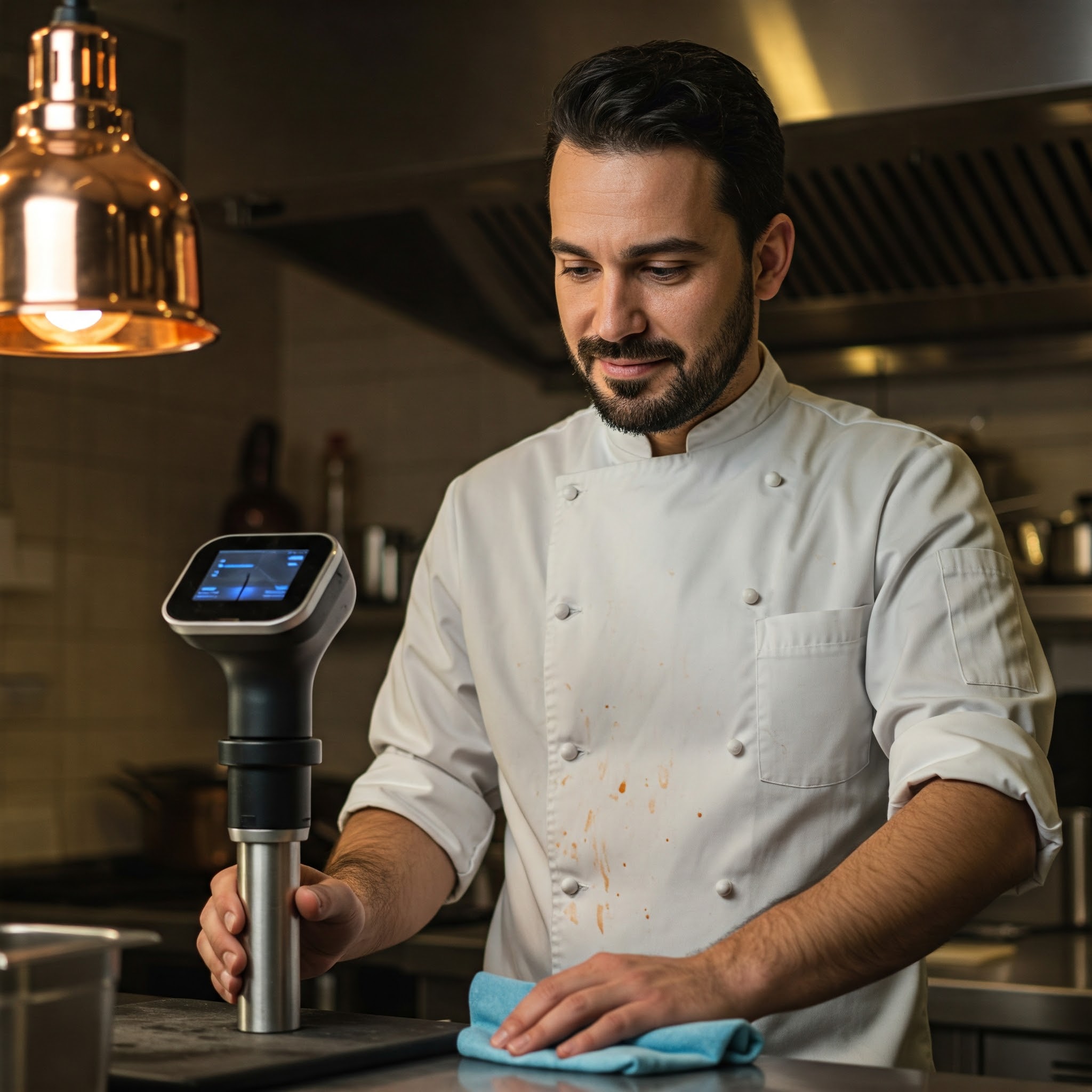 Szakács munka után nekiáll a sous vide gép tisztitásának